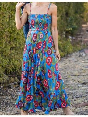 Band of Gypsies Blue Floral Smocked Midi Dress Size S Festival Cottagecore Boho